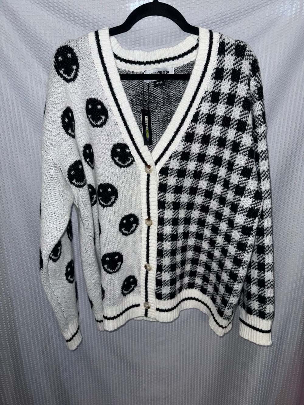 WKNDCHASERS Smiley Face Plaid Cardigan Sweater Large